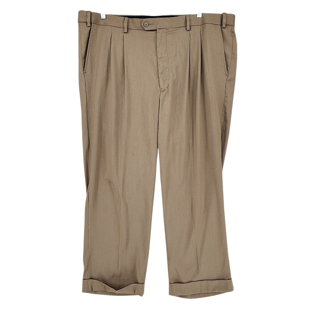 GS Pleated Trousers 46x28 Mens Beige Cuffed Hem Business Office Dress Pants‎